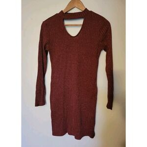 Derek Heart Maroon Midi Stretchy Collared V Neck Sweater Dress, Size Large - C